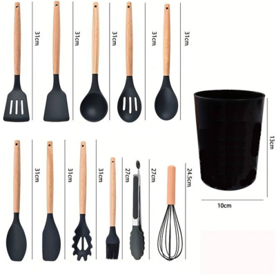 Set 12 ustensile de bucatarie din silicon pentru gatit, suport inclus