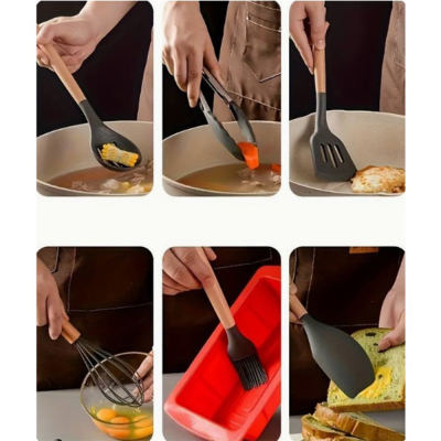 Set 12 ustensile de bucatarie din silicon pentru gatit, suport inclus