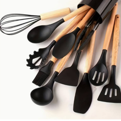 Set 12 ustensile de bucatarie din silicon pentru gatit, suport inclus