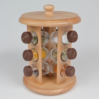 Suport rotativ din lemn cu 12 recipiente sticla pline cu condimente, 20x28cm - ANY140