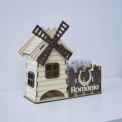 Minibar / suport in forma de moara cu 4 pahare din sticla incluse - ANY150