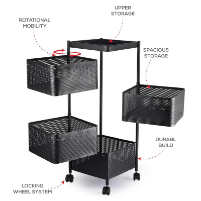 Raft metalic depozitare cu 4 cosuri patrate si roti, 28x28x74 cm